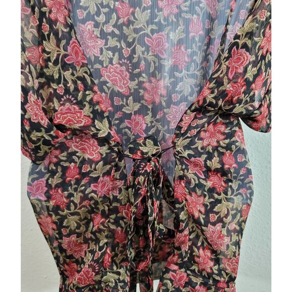 Converse Black Red Floral Sheer Button Up Top XL Lightweight Belted Soft Stretch - Picture 7 of 8